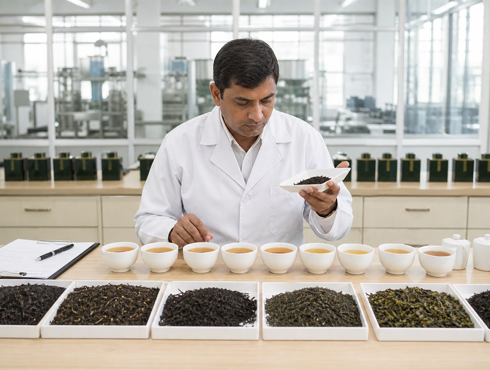 Tea technician evaluating wholesale batch samples
