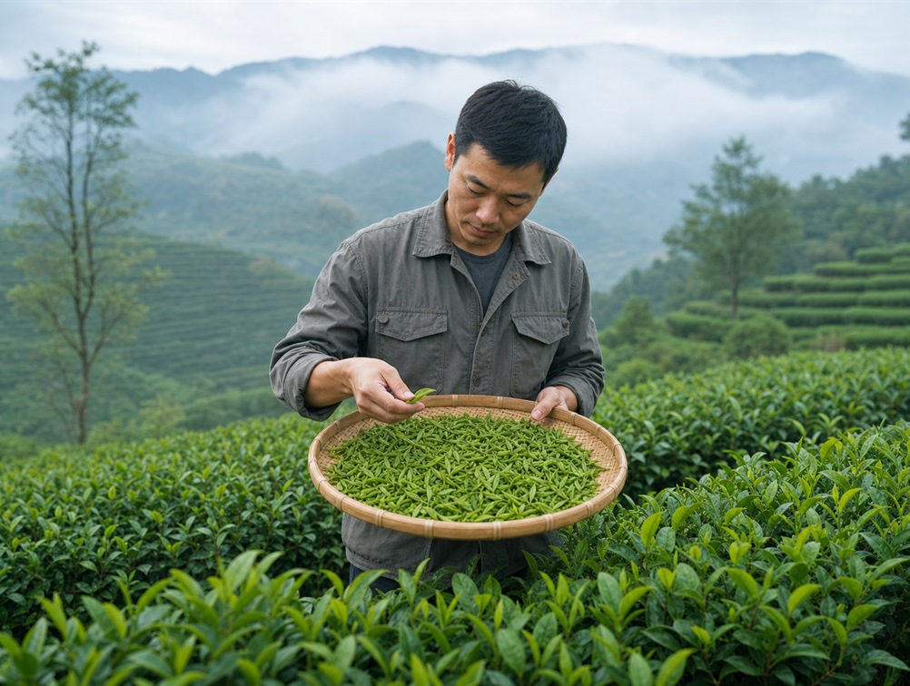 Tea sourcing specialist inspecting fresh leaves at origin