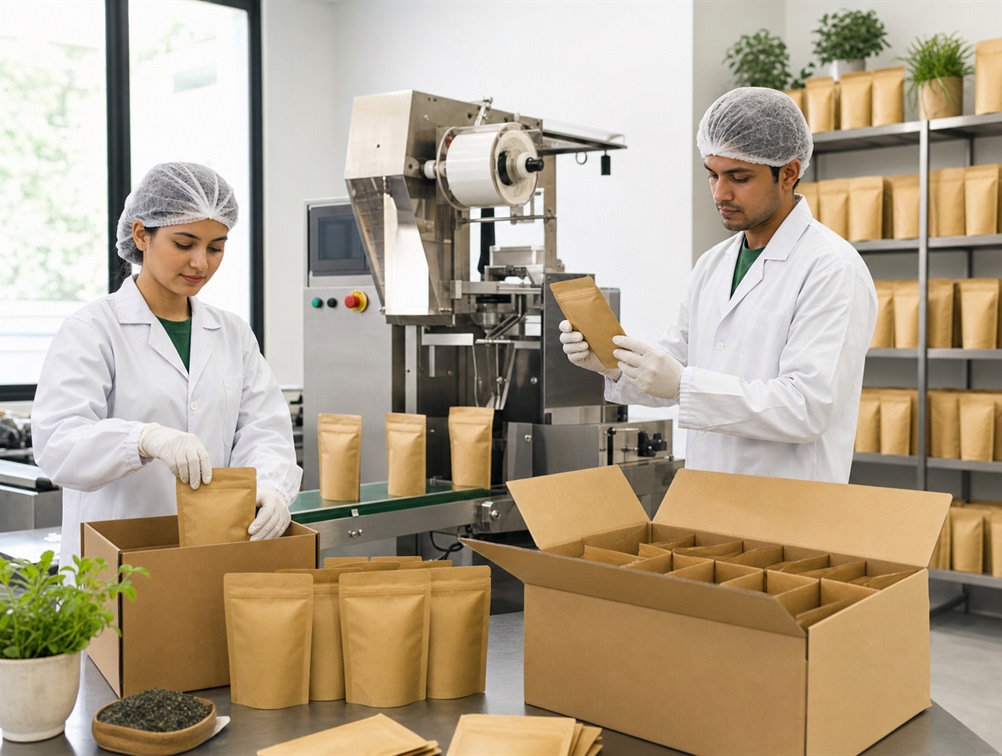 Tea factory team preparing private-label packaging