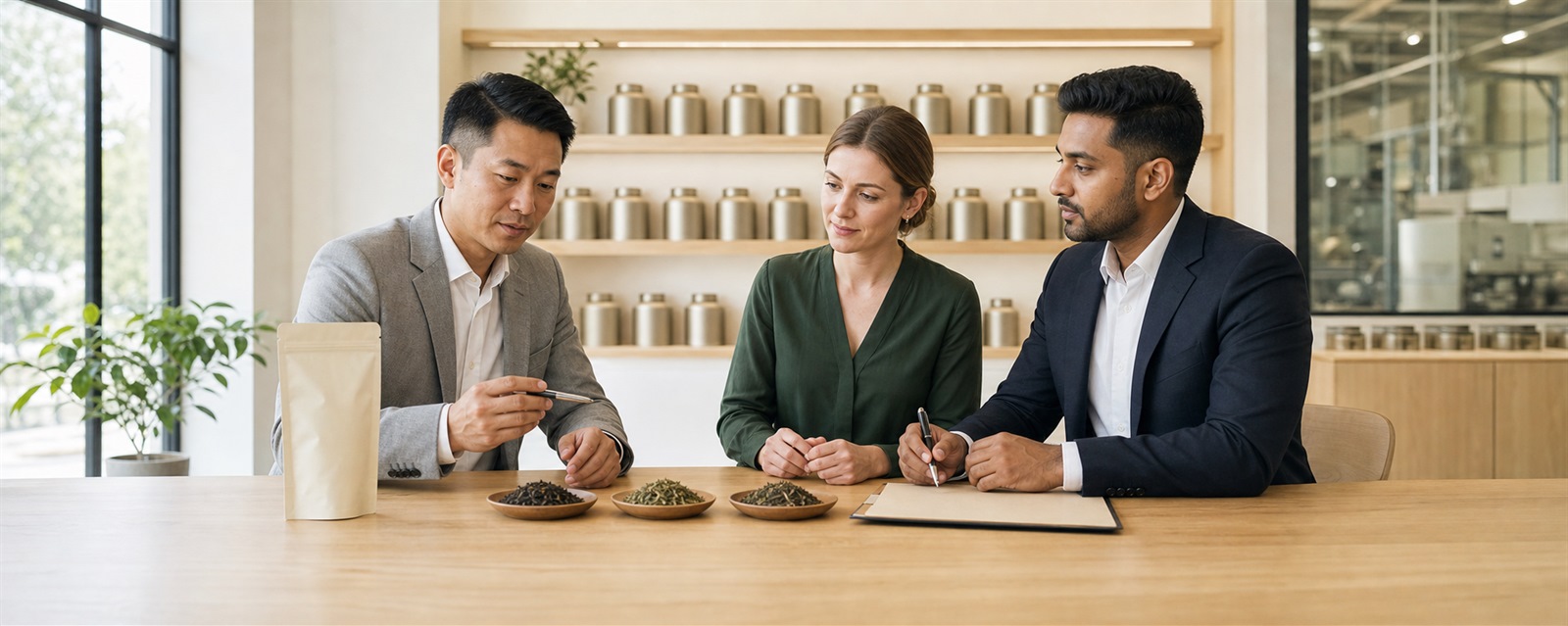 Tea importer and factory team reviewing supply services